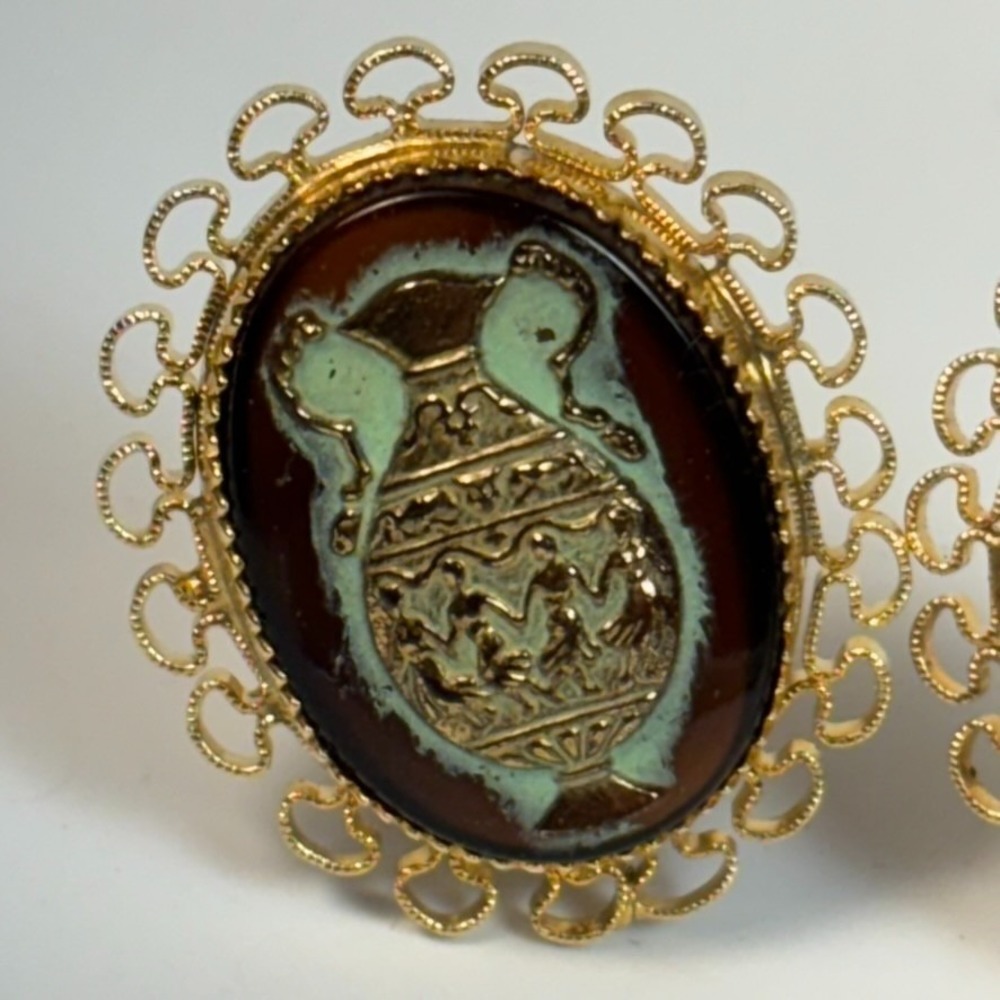 Lewis Segal Earrings Clip On Gold Tone Glass Grecian Urn Vase Cameo 1960s‎